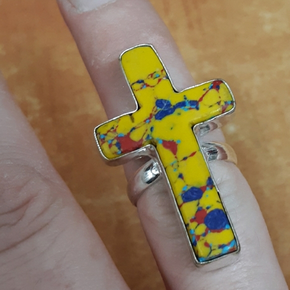 New Mosaic Balloon Jasper 925 Silver Cross Ring. - Picture 2 of 8